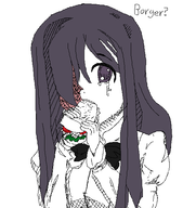 1girl bow burger colored crying eating food hanako_ikezawa katawa_shoujo long_hair mspaint purple_eyes purple_hair text // 520x551 // 24KB