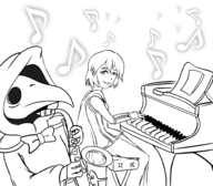 1boy 1girl instrument lineart mask mona music piano plague_knight playing_music saxophone shovel_knight_(series) // 2000x1750 // 360KB