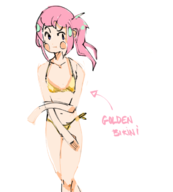 1girl artist:unknown bikini colored covering golden_bikini looking_at_viewer navel raised_eyebrow steam steam_autumn_sale steam_sale text tummy // 597x663 // 131KB