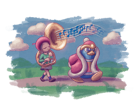 1boy 1girl adeleine artist:soandnb king_dedede kirby_(series) kirby_64_the_crystal_shards tuba // 1662x1352 // 2.5MB