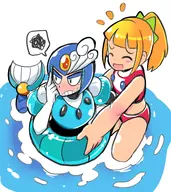 2girls artist:robojanai bikini black_eyes blonde_hair blush colored eyes_closed mega_man_(series) mega_man_10 ponytail robot robot_girl robot_master roll splash_woman // 1488x1668 // 1.3MB