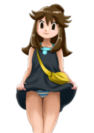 1girl artist:aikun2012 brown_eyes brown_hair colored heart_pupils leaf looking_at_viewer panties pokemon pokemon_frlg skirt_lift smile yandere // 1240x1754 // 714KB