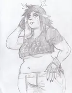 1girl antlers artist:venom breasts chubby december_holiday deltarune fingerless_gloves freckles gloves greyscale medium_breasts monochrome navel pants sketch sweat sweating teeth text traditional_medium tummy underboob // 2531x3254 // 901KB