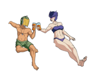 1boy 1girl 2019_summer_collab air_raider bikini collab colored drink earth_defence_force earth_defence_force_2025 sitting summer_collab swim_trunks wing_diver // 1500x1118 // 406KB
