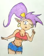 1girl artist:tap_drawfag blue_eyes colored dark_skin earrings midriff peace_sign pointy_ears ponytail purple_hair shantae shantae_(series) shorts traditional_medium underboob wayforward wink // 1512x1946 // 340KB