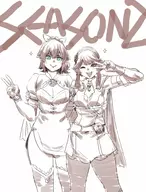 2girls archvermin bow brown_eyes cape cassandra_alexandra green_eyes headband monochrome outfit_swap peace_sign smile soul_calibur_vi soulcalibur text xianghua // 1535x2015 // 331KB