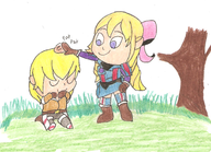2girls artist:boneyt blonde_hair blue_eyes boots bow chibi colored drill_hair gloves happy headpat nico_emery short_hair smile susie_evans text traditional_medium valkyria_chronicles valkyria_chronicles_4 // 1508x1092 // 2.3MB