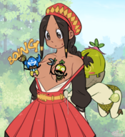 1boy 1girl aisha artist:EroHoney breasts censored cha-cha convenient_censor flashing medium_breasts monster_hunter topless // 1281x1403 // 1.6MB