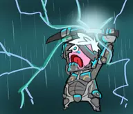 1boy blue_eyes colored metal_gear_rising metal_gear_solid parody raiden revengeance spongebob_squarepants sword weapon white_hair // 1528x1313 // 979KB