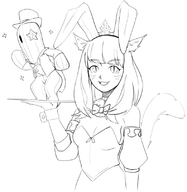 1girl artist:unknown breasts bunny_suit cactus cleavage dancing final_fantasy looking_at_viewer miqo'te plate playboy_bunny sketch smile smiling tuxedo waitress // 787x808 // 196KB