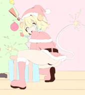 1girl artist:zeniselv ass blonde_hair bombergirl bomberman_(series) christmas christmas_tree hat pine present santa_hat shocked solo tail tree // 1176x1322 // 321KB