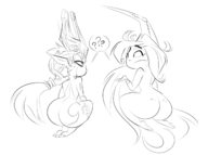 2girls ? artist:ButLova ass ass_freckles betilla confused eyeliner freckles hat huge_ass imp_midna kneeling looking_at_partner midna monochrome question_mark rayman_(series) rayman_origins sitting sketch tagme the_legend_of_zelda // 1280x950 // 250KB