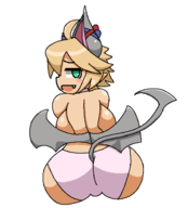 1girl ahoge alternate_breast_size artist:iggy_bomb ass blonde_hair colored fang from_behind green_eyes horns imp looking_back monster_girl monster_girl_quest oppai_loli pixel_art pointy_ears rami short_hair sideboob tail wings // 570x629 // 25KB
