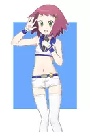 1girl colored green_eyes hair_clip mega_man_(series) mega_man_star_force microphone midriff pink_hair short_hair shorts sonia_strumm thigh_highs wave // 827x1200 // 100KB