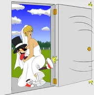 1boy 1girl artist:unknown melody princess_carry rocket_launcher rocky suit wedding_dress // 1794x1800 // 745KB