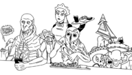 1girl 2boys apron artist:scorndude cone drink food mabinogi maid mold_man monochrome mustache pyramid_head scorn scorn_guy silent_hill sitting spy sumbrero taco tagme team_fortress_2 text // 2121x1217 // 279KB