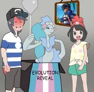 1girl 2boys angry artist:unknown balloon box colored fist_of_rage flag hugging lgbt lmao meme parent parody photograph pokemon popplio primarina text tranny // 900x875 // 133KB