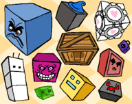 artist:bonitanon balan_wonderworld box box_fox boxboy! enter_the_gungeon gamecube geometry_dash jerry_the_slime jump_ultimate_stars minecraft pizza_tower portal slime super_mario super_smash_bros thwomp weighted_companion_cube // 505x401 // 34KB