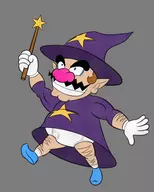 1boy black_eyes brown_hair colored gloves hat mario_party mario_party_2 mustache pointy_ears short_hair star super_mario underwear wand wario witch_hat // 2038x2549 // 1.0MB