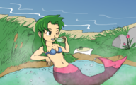 artist:ringwaul colored goemon_(series) green_eyes green_hair mermaid mystical_ninja sake yae // 1280x800 // 1.1MB