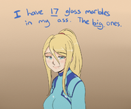 1girl artist:unknown blonde_hair blue_eyes metroid mole ponytail samus_aran text zero_suit // 1200x1000 // 1.3MB