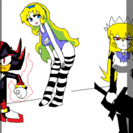 1boy 2girls artist:2hufag blonde_hair blue_eyes furry headband mabinogi maid maria one-piece_swimsuit red_eyes shadow_the_hedgehog sonic_(series) striped_stockings sword thigh_highs // 400x400 // 24KB