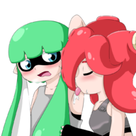 2_girls armpit armpit_licking blue_eyes green_hair houei4 inkling mask nintendo octoling red_hair salvia splatoon sweat // 1024x1024 // 271KB