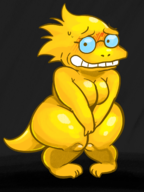 1girl alphys artist:gusgux blush breasts colored covering covering_crotch deltarune embarrassed glasses huge_breasts looking_at_viewer nude scalie smile smiling sweat sweating thick_thighs undertale wavy_mouth wide_hips // 1620x2160 // 2.6MB