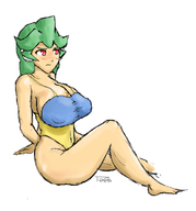 1girl blush colored green_hair long_hair mega_man_(series) mega_man_zx pandora red_eyes sitting swimsuit toob // 700x750 // 193KB