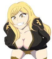 1girl blonde_hair bluescribbleman cleavage colored drakengard drakengard_3 five grin mega_milk parody yellow_eyes // 2100x2400 // 974KB