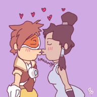 2girls artist:banana_spear avatar colored crossover kiss korra overwatch tracer // 500x500 // 19KB