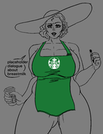 1girl alcina_dimitrescu artist:berlubbits huge_breasts lineart naked_apron resident_evil resident_evil_village starbucks text wip // 2550x3300 // 351KB