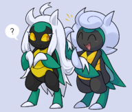 2girls ? artist:gholdenhoe bug colored confused cute eyes_closed fang hair hair_helmet hair_removal hairdressing hairstyle helmet helmet_removal horns kaburion karratarch long_hair pokemon pokemon_teraleak straight_hair touching_hair // 1311x1113 // 346KB