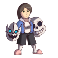 1girl 2019_halloween_collab artist:georgezero brown_hair collab colored green_eyes halloween_collab hoodie mii mii_fighter mii_gunner nintendo sans slippers super_smash_bros super_smash_bros._ultimate undertale // 2048x2048 // 904KB