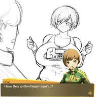 1boy 1girl artist:pogeaux chie_satonaka huge_breasts persona persona_4 text yu_narukami // 1747x1773 // 504KB