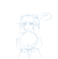 ! 1girl alternate_breast_size blush breast_expansion cleavage huge_breasts sheena_fujibayashi sketch speech_bubble tales_of_(series) tales_of_symphonia // 2000x2048 // 984KB