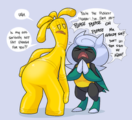 annoyed artist:gholdenhoe ass begging bug colored crying dialogue eyes_closed fang gholdengo hair horns kaburion karratarch looking_back pokemon pokemon_teraleak sweat text text_dialogue unamused yellow_eyes // 1892x1716 // 681KB
