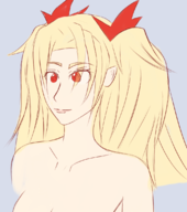 1girl artist:katsunei blonde_hair fate_(series) fate_extra nude pointy_ears red_eyes rin_tohsaka twintails // 1000x1132 // 523KB