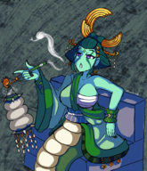 1girl artist:mellie bandages colored couch divina_online earrings green_hair orochimaru painted_nails purple_eyes sarashi sitting // 1603x1866 // 3.2MB