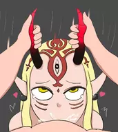 1boy 1girl artist:unknown blowjob crying cum facial_markings horns tattoos // 1144x1288 // 214KB