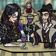 1boy 2girls artist:wheyzardo bayonetta bayonetta_(series) dinner jeanne luka wine // 3000x3000 // 3.2MB