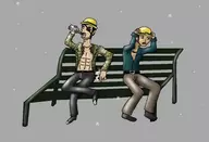 2boys bench black_hair bottle brown_hair colored drinking eyepatch goro_majima helmet nishida short_hair yakuza // 965x657 // 89KB