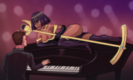 1boy 1girl alternate_hairstyle cleavage colored dark_skin eliza piano pose skullgirls thighs // 1313x794 // 1.3MB