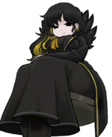 1girl artist:Keb00b binah black_clothes breasts colored huge_breasts lobotomy_corporation looking_at_viewer looking_down sitting tagme thick_thighs // 704x861 // 309KB