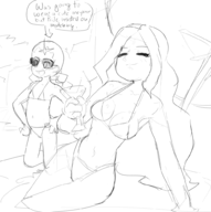 2girls artist:rommi beach bikini breasts eyes_closed glasses loli medium_breasts mega_man_(series) mega_man_battle_network monochrome navel parasol shades sketch small_breasts tagme text tummy yai_ayanokoji // 991x995 // 404KB