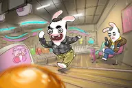 artist:bishopbb background ball blue_eyes bowling bowling_ball brown_hair cell_phone chair colored crossover grand_theft_auto grand_theft_auto_iv niko_bellic phone rabbid rayman_(series) roman_bellic short_hair sitting smile weapon // 1600x1074 // 455KB