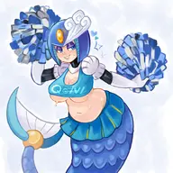 1girl artist:2x belly blush bra breasts cheerleader chubby colored heart mega_man_(series) mermaid pompom queen_of_v robot robot_girl smile splash_woman sweat text tummy // 2942x2946 // 1.6MB