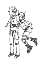 1boy 1girl artist:unknown cave_story curly_brace emo hat hugging long_hair monochrome pants quote robot robot_boy robot_girl short_hair shorts striped_stockings // 800x1130 // 140KB