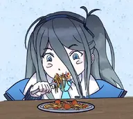1girl alice artist:unknown black_hair blue_archive blue_eyes eating food fork solo spaghetti utensil // 866x782 // 215KB