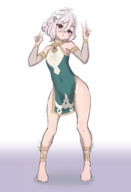 1girl ahoge artist:lisden colored feet granblue_fantasy kokkoro peace_sign pink_eyes pink_hair pointy_ears short_hair // 1023x1500 // 396KB